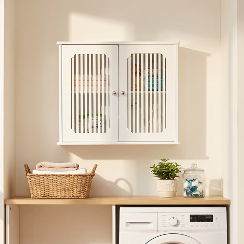 Bathroom wall-mounted cabinet, louvered double-door wall-mounted bathroom storage cabinet, practical medicine cabinet, household wall storage cabinet, white. - Particle Board+MDF - American Design,Farmhouse,Mid-Century Modern,Minimalist,mix match