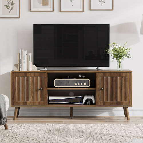 55-inch wooden TV cabinet with 2 vertical groove doors, adjustable storage shelves, living room storage cabinet, entertainment center with storage space, walnut color - Partice Board+MDF+Pine Wood - Art Deco,Farmhouse,Glam,Mid-Century Modern,mix match - 55 inches - 50-59 inches - 55 inches - Primary Living Space - Engineered Hardwood