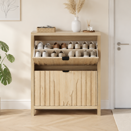 31.5-inch oak-colored shoe cabinet, entryway shoe cabinet with vertical carved panels, large-capacity flip-down storage cabinet, luxurious and sturdy wooden style dustproof shoe rack for home use. - Particle Board+MDF - Art Deco,Farmhouse,Mid-Century Modern,mix match,Modern - 1-2 Spaces - Adjustable Shelves - Primary Living Space - Freestanding - Engineered Hardwood - Nature