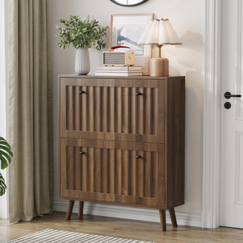 Medieval-style modern shoe cabinet, upright shoe storage unit with vertical grooved finish, 31.5-inch walnut-colored shoe cabinet, suitable for hallways, passageways and entrances. - MDF - Art Deco,Farmhouse,Mid-Century Modern,mix match,Retro - 1-2 Drawers - Adjustable Shelves - Primary Living Space - Freestanding - Natural - Engineered Hardwood
