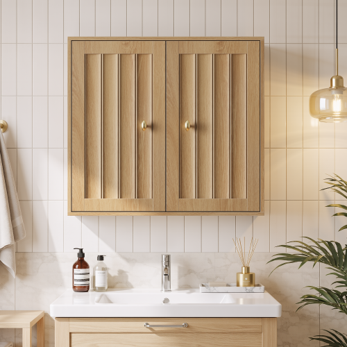 Wall-Mounted Bathroom Cabinet, Double-Door Medicine Cabinet with Vertical Grooved Design,Wall-Mounted Storage Cabinet for Bathrooms, Restrooms, and Hallways (Oak ) - Particle Board+MDF - Art Deco,Farmhouse,Mid-Century Modern,Minimalist,mix match