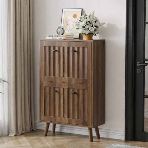 Medieval-style modern shoe cabinet, upright shoe storage unit with vertical grooved finish, 23.6-inch walnut-colored shoe cabinet, suitable for hallways, passageways and entrances. - MDF - Art Deco,Farmhouse,Mid-Century Modern,Minimalist,mix match - 1-2 Drawers - Adjustable Shelves - Primary Living Space - Freestanding - Natural - Engineered Hardwood