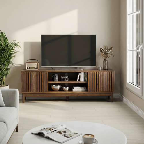 55-inch TV stand, mid-century modern style TV stand (suitable for 55/65-inch TVs), entertainment center with storage space, media console for living room and bedroom, walnut wood color - Particle Board+MDF - Art Deco,Farmhouse,Mid-Century Modern,mix match,Rustic - 55 inches - 60-69 inches - 65 inches - Primary Living Space - Engineered Hardwood - Nature