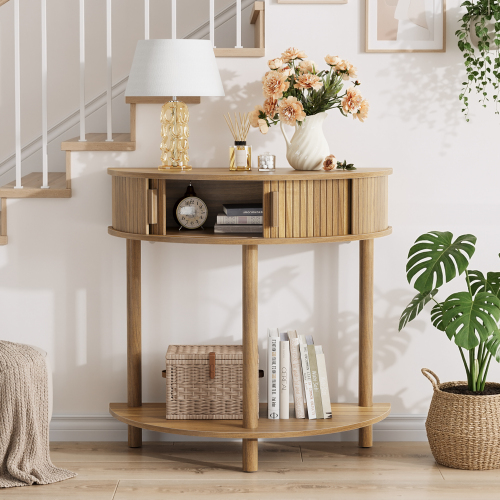 31.5-Inch Grooved Half-Moon Console Table, Farmhouse Sofa Table Behind Couch, Modern Entryway Table, Decorative Table for Living Room, Hallway, Entryway or Foyer Narrow Entry, Walnut - MDF - Casual,Farmhouse,Mid-Century Modern,mix match,Modern - Primary Living Space - Engineered Hardwood - Drawers - Ergonomic - Freestanding - Semicircular