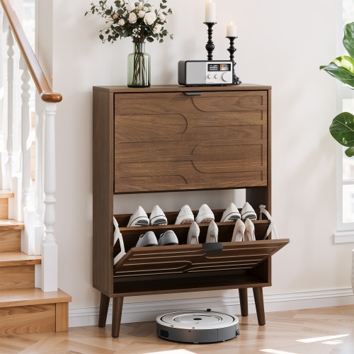 Medieval Modern Independent Shoe Cabinet, 23.62-inch Walnut Shoe Storage Cabinet,, Fence Shoe Cabinet with 2 Flip Drawers, Suitable For Corridors And Entrances - MDF,Particle Board - American Design,Casual,Farmhouse,Mid-Century Modern,Minimalist - 1-2 Drawers - Wood Shelves - Primary Living Space - Freestanding - Natural - Engineered Hardwood - Nature