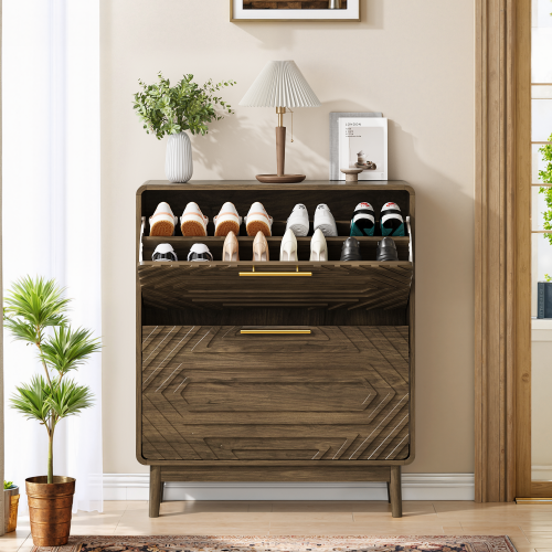 31.5" Walnut Shoe Cabinet, Mid-Century Modern Freestanding Shoe Cabinet, Freestanding Organizer with 2 Flip-Top Drawers, Suitable for Entry, Hallway and Foyer - MDF - MDF - Art Deco,Farmhouse,Mid-Century Modern,mix match,Modern - 1-2 Drawers - Shelves Included - Primary Living Space - Natural - Engineered Hardwood - Nature