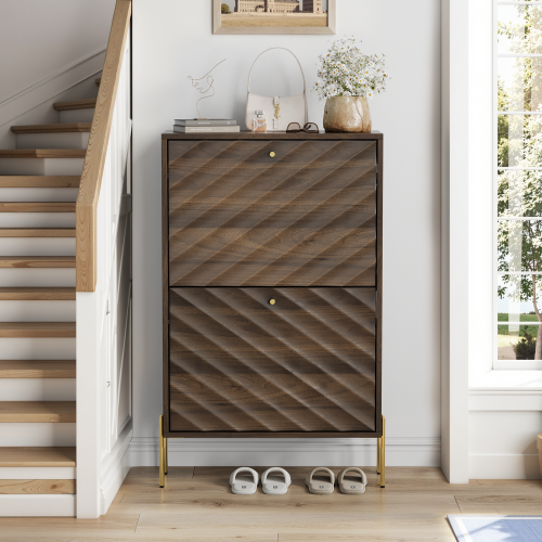 23.6 Inch Walnut shoe cabinet, Mid-century modern freestanding shoe cabinet,  Freestanding organizer with metal legs,  Suitable for entry, Hallway And Entryway - Particle Board+MDF - MDF - Art Deco,Farmhouse,Mid-Century Modern,Minimalist,mix match - 1-2 Drawers - Shelves Included - Primary Living Space - Natural - Engineered Hardwood - Nature - 23.6-Inch