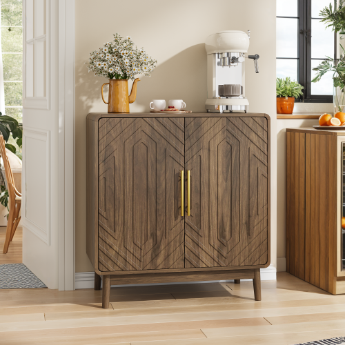Sideboard Buffet Cabinet With Storage ,Carved 2 Door Sideboard,Multifunctional Accent Cabinet With Adjustable Layer Board For Living Room, Entryway, Hallway, Office, Kitchen and Dining Room - Walnut - MDF - MDF - American Design,Art Deco,Artsy,Mid-Century Modern,Modern - Engineered Hardwood - Nature - Adjustabel Shelves