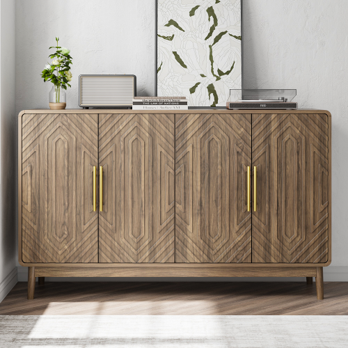 Sideboard Buffet Cabinet With Storage ,Carved 4 Door Sideboard,Multifunctional Accent Cabinet With Adjustable Layer Board For Living Room, Entryway, Hallway, Office, Kitchen and Dining Room - Walnut - MDF - American Design,Art Deco,Artsy,Mid-Century Modern,Minimalist - Engineered Hardwood - Nature - Adjustabel Shelves