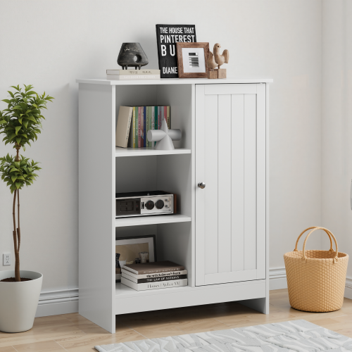 Bathroom Cabinet, Kitchen Freestanding Storage Rack, 23.62" x 11.81" x 31.5" Floor Storage Cabinet with 1 Cabinet, 3 Open Compartments, Adjustable Shelves, White - MDF - MDF - Artsy,Farmhouse,Mid-Century Modern,Minimalist,mix match - 4 - Lacquered - 15 - 20 inches - 32 to 35 in - 24 to 35 in