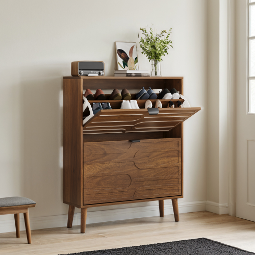 Medieval Modern Independent Shoe Cabinet, 31.5-inch Walnut Shoe Storage Cabinet,, Fence Shoe Cabinet with 2 Flip Drawers, Suitable For Corridors And Entrances - MDF - MDF - American Traditional,Casual,Farmhouse,Mid-Century Modern,Minimalist - 1-2 Drawers - Wood Shelves - Primary Living Space - Freestanding - Natural - Engineered Hardwood - Nature