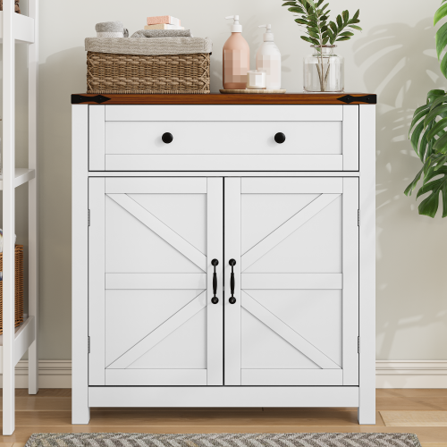 Farmhouse Storage Cabinet with Drawer and Adjustable Shelf, White Kitchen Cabinet with Walnut Countertop,  Modern Coffee Bar Console Cabinet for Kitchen, Dining Room, Bathroom, Entryway - Particle Board+MDF - MDF - Casual,Farmhouse,Mid-Century Modern,mix match,Modern - Freestanding - 1 - Lacquered - Adjustable Shelves - 1 - 2 - 10 - 15 inches - 32 to 35 in - 24 to 35 in