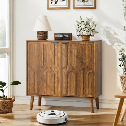 Sideboard Buffet Cabinet with Storage, Farmhouse Buffet Cabinet With Paper Clip Design, Wood Coffee Bar Storage Cabinet for Kitchen, Dining Room, Living Room, Entryway, Walnut,31.5" W - MDF - MDF - Art Deco,Farmhouse,Mid-Century Modern,mix match,Modern - Engineered Hardwood - Nature - Adjustabel Shelves