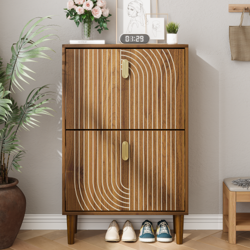 Shoe Storage Cabinet with 2 Flip Drawers,Free standing Shoe  Cabinet with Metal Handles for Entryway,Shoe Rack Cabinet with line groove design,23.6"W - Brown - Partice Board+MDF+Pine Wood - Art Deco,Casual,Farmhouse,Mid-Century Modern,Minimalist - 1-2 Shelves - Wood Shelves - Primary Living Space - Standard - Natural - Brown