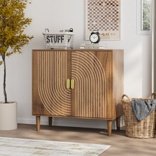 Walnut Wood Buffet Cabinet with Line Groove Design,Sideboard Buffet Cabinet With Storage,Multifunctional Accent Cabinet for Living Room,Entryway,Hallway,Office,Kitchen - Brown - Partice Board+MDF+Pine Wood - MDF - Art Deco,Casual,Farmhouse,Mid-Century Modern,Modern - Bedroom - Brown - Adjustabel Shelves