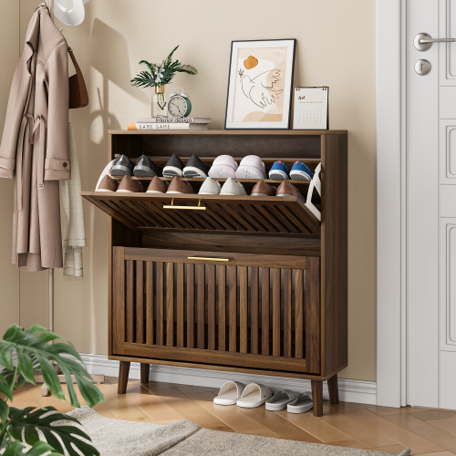 31.5-inch walnut shoe storage cabinet, medieval modern independent shoe cabinet, fence shoe cabinet with 2 flip drawers, suitable for corridors and entrances - Particle Board+MDF - Casual,Farmhouse,Mid-Century Modern,Minimalist,Modern - Primary Living Space - Standard - Nature - Wood Shelves - Lacquered - Engineered Hardwood
