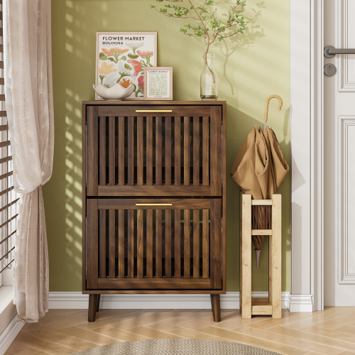 23.6-inch walnut shoe cabinet, medieval modern independent shoe cabinet, fence shoe cabinet with 2 flip drawers, suitable for corridors and entrances - Particle Board+MDF - Casual,Classic,Farmhouse,Mid-Century Modern,Modern - Primary Living Space - Nature