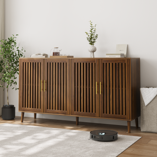 63 inch Walnut Sideboard Buffet Cabinet With Storage ,Grille-Striped 4 Doors Sideboard,Multifunctional Accent Cabinet for Dining Room,Living Room,Entryway,Kitchen - Particle Board+MDF - Art Deco,Casual,Classic,Mid-Century Modern,Modern - Bedroom - Adjustabel Shelves - 63-Inch