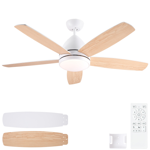 52 in. Indoor White Ceiling Fan with Intergrated LED Light Kit, Remote Control, 5 Plywood Blades and Work with Smart APP - Metal,Plywood - Metal