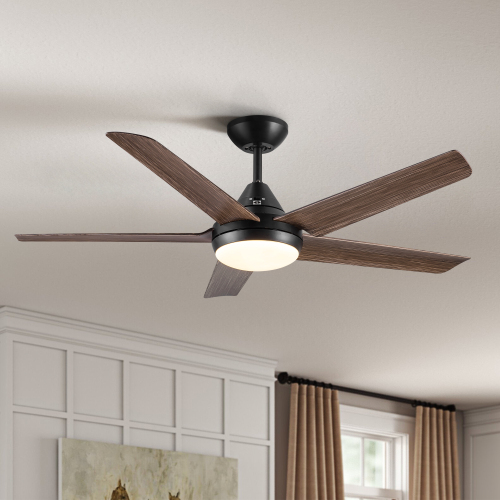 48 In Intergrated LED Ceiling Fan Lighting with Brown Wood Grain ABS Blade - Matte Black - Not Specified - Wall Control