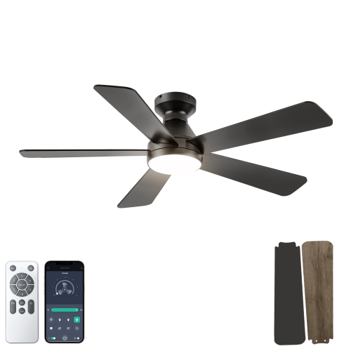 Ceiling Fans with Lights, 52 inch Low Profile Ceiling fan with Light and Remote Control, Flush Mount, Reversible, 3CCT, Dimmable, Noiseless, Black Ceiling Fan for Bedroom, Indoor/Outdoor Use - MDF - 52-Inch