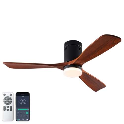 Dimmable 52 Inch Wood Ceiling Fans with Lights and Remote Control - Low Profile Outdoor Ceiling Fan 3 Blades Fans for Patios Bedroom Ceiling Fan with Lights for Living Room Porch - Black + Dark Walnut - Solid Wood - Dark Walnut - Solid Wood - 52-Inch