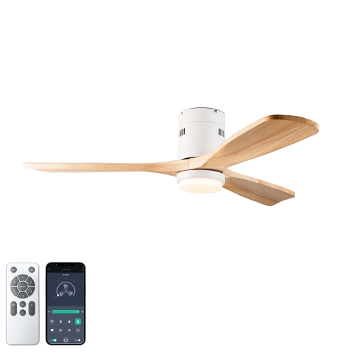 52 inch Low Profile Ceiling fan with Light and Remote Control, Flush Mount, Reversible, 3CCT, Dimmable, Noiseless, Ceiling Fan for Bedroom, Indoor/Outdoor Use - White+Natural - Solid Wood - Natural - Solid Wood - 52-Inch