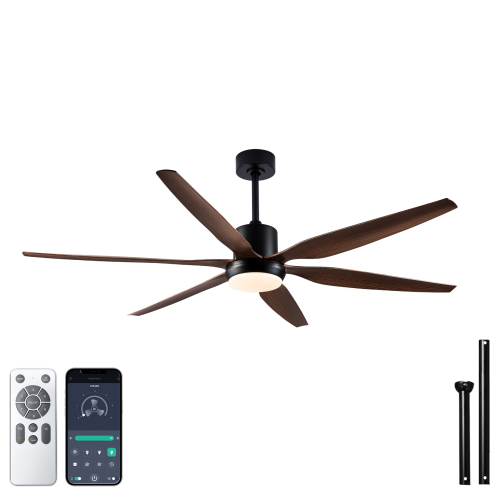 54" Outdoor Ceiling Fans with Lights, Wet Rated Waterproof Indoor Ceiling Fan with Remote, 6 ABS Blades Modern Ceiling Fan,3CCT Quiet 6-Speed DC Motor, for Porch Patios Bathroom - Black Woodgrain - Black Woodgrain