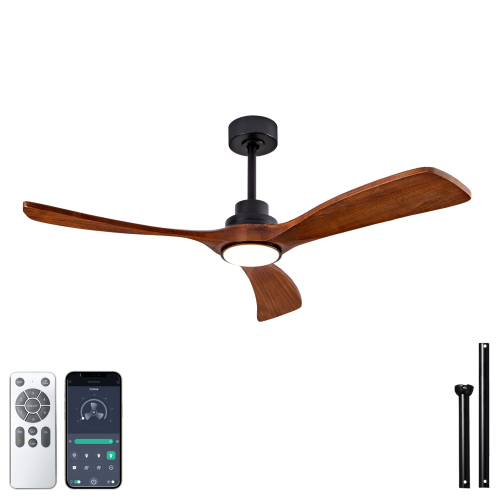 52" indoor Ceiling Fan with Light,3 Walnut Solid Wood Blade, Remote Control,3 CCT Dimmable LED, Timer, 6-Speed Reversible Motor Use for Living Room or Patio - Black+Brown - Brown - Not Specified