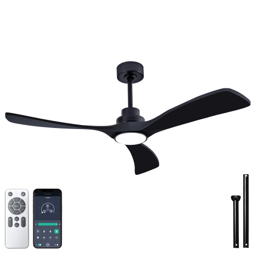 52 Inch Ceiling Fans with Lights and Remote, Black Ceiling Fan with Light Dimmable/Timer, Modern Ceiling Fan 6-Speed Reversible DC Motor for Bedroom Living room Outdoor - Solid Wood - Solid Wood - 52-Inch