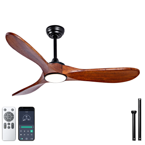 52-Inch Black and Brown Solid Wood Smart Ceiling Fan with Light, Remote