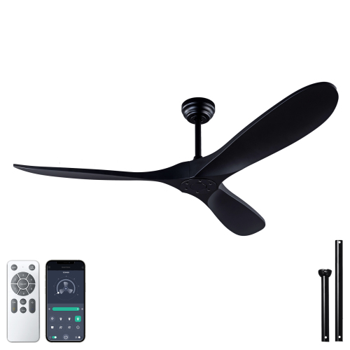 52 inch Black ABS Ceiling Fan with Remote Standard Mount No Lights for Garage,Patio, Porch, Garage, or Living Room - 52-Inch
