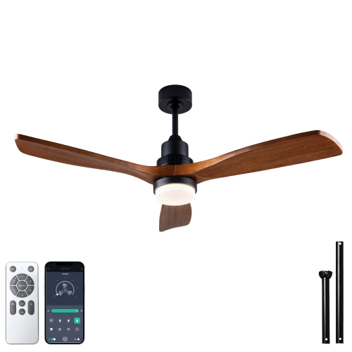 52-Inch Black and Brown Solid Wood Ceiling Fan with Light and Remote