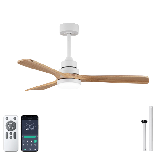 52-Inch White and Natural Solid Wood 3-Blade Ceiling Fan with Light