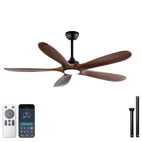 52 inch Solid Wood Ceiling Fan with Lights  6 Speed Reversible DC Motor Modern for Patios, Living Room, Bedroom, Porch - Black+Brown - Brown - 52-Inch