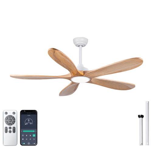 52 inch Ceiling Fans with Lights and Remote Control, Reversible, 5Wood Blades, 6 Speeds, 3CCT Dimmable, Noiseless, Indoor/Outdoor Nature Wood Ceiling Fan - White+Natural - Solid Wood - Natural - Solid Wood - 52-Inch