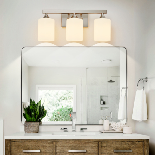 3-Light Silver Iron Bathroom Vanity Light with Milk White Glass Shade