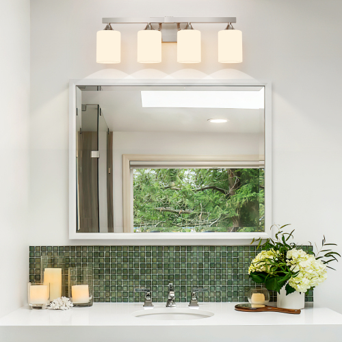 4-Light Brushed Nickel Silver Iron Bathroom Vanity Light with Glass