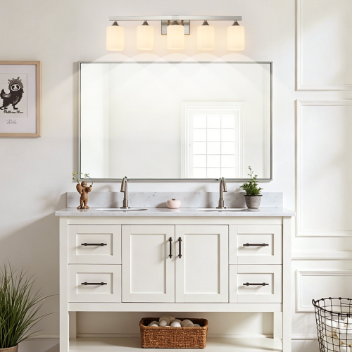 5-Light Silver Iron Vanity Wall Light, 29.92-Inch, Frosted Milk Glass