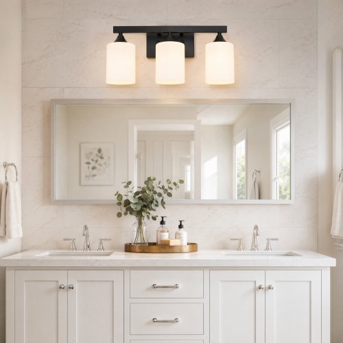 29.92-Inch 3-Light Black Iron Bathroom Vanity Light with Glass Shades