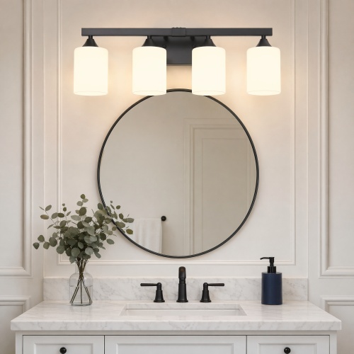 30-Inch Matte Black Iron 4-Light Bathroom Vanity Light with Frosted Glass