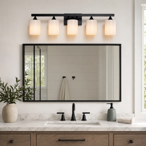 Large 5-Light Matte Black Iron Vanity Light with Frosted Glass