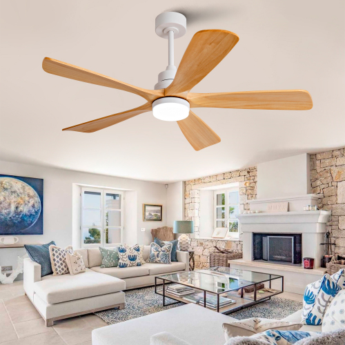 52-Inch Antique White Ceiling Fan, Solid Wood Blades, LED Light