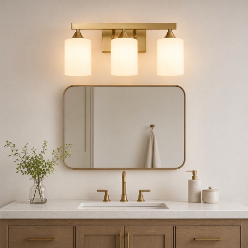 22-Inch 3-Light Brushed Gold Iron Bathroom Vanity Light, Frosted Glass