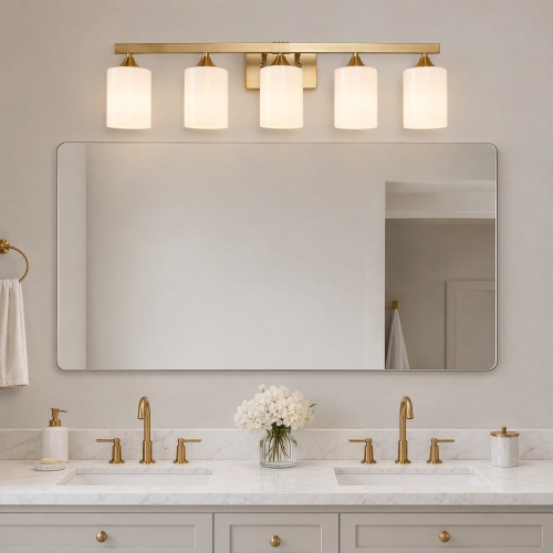 5-Light Gold Iron Bathroom Vanity Light with Opaque Glass Shades