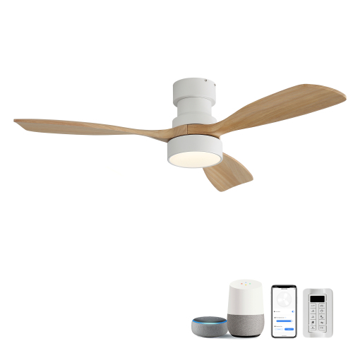 48-inch smart ceiling fan with light and APP control, Quiet DC motor, Lighting with memory function, 6-speed fan control,Dual mounting options - White - Wood - White - Wood