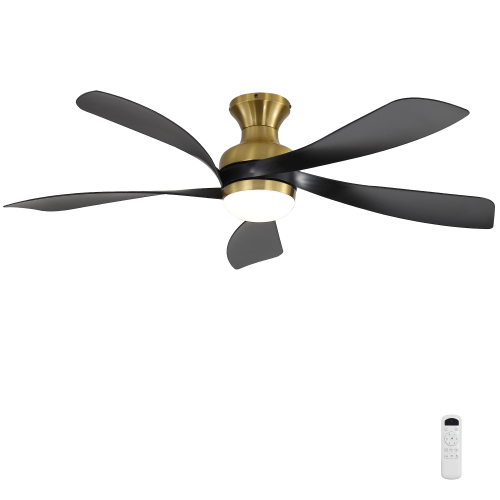 52-Inch Ceiling Fan with Light, Dimmable Light with Memory Function, DC Motor, Quiet Operation, 5 Black ABS Blades - Black+Gold - Gold