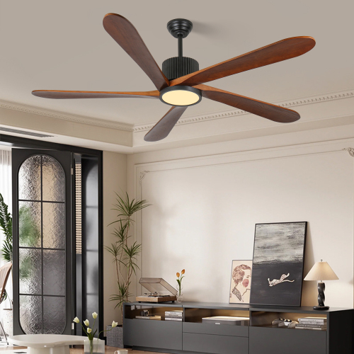 62" DC Ceiling Fan with Lights, 5 Carved Solid Wood Blades (Matte Black & Walnut Finish), 6-Speed Reversible DC Motor, Remote Controlled - Black + Dark Walnut - Bent Wood - American Design