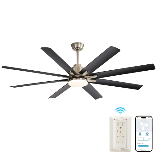 52-Inch Smart Ceiling Fan With Lights,6 Wind Speed,With 8 Black ABS Blades,Voice Remote,Fan For Bedroom,Living Room,Patio,Kitchen - Black,Brushed Nickel - ABS+Steel(Q235) - Brushed Nickel