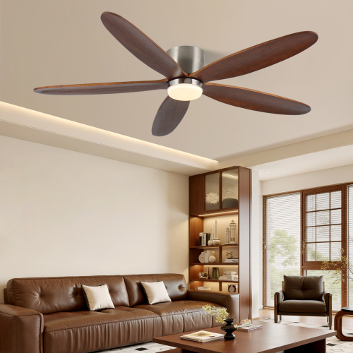 60in Flush Mount Ceiling Fan with Lights, Quiet DC Motor, Dimmable, 6-Speed, 4 Wood Blades (Dark Walnut), Indoor Use Only, Mid-Century Style, Dark Walnut Finish - Metal & Wood